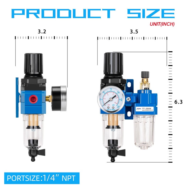 NANPU 1/4" NPT Compressed Air Filter Regulator Lubricator Combo, Water/Oil Trap Separator - Gauge(0-150 psi), Poly Bowl, Manual Drain, Bracket - AC2010-02M - Image 4